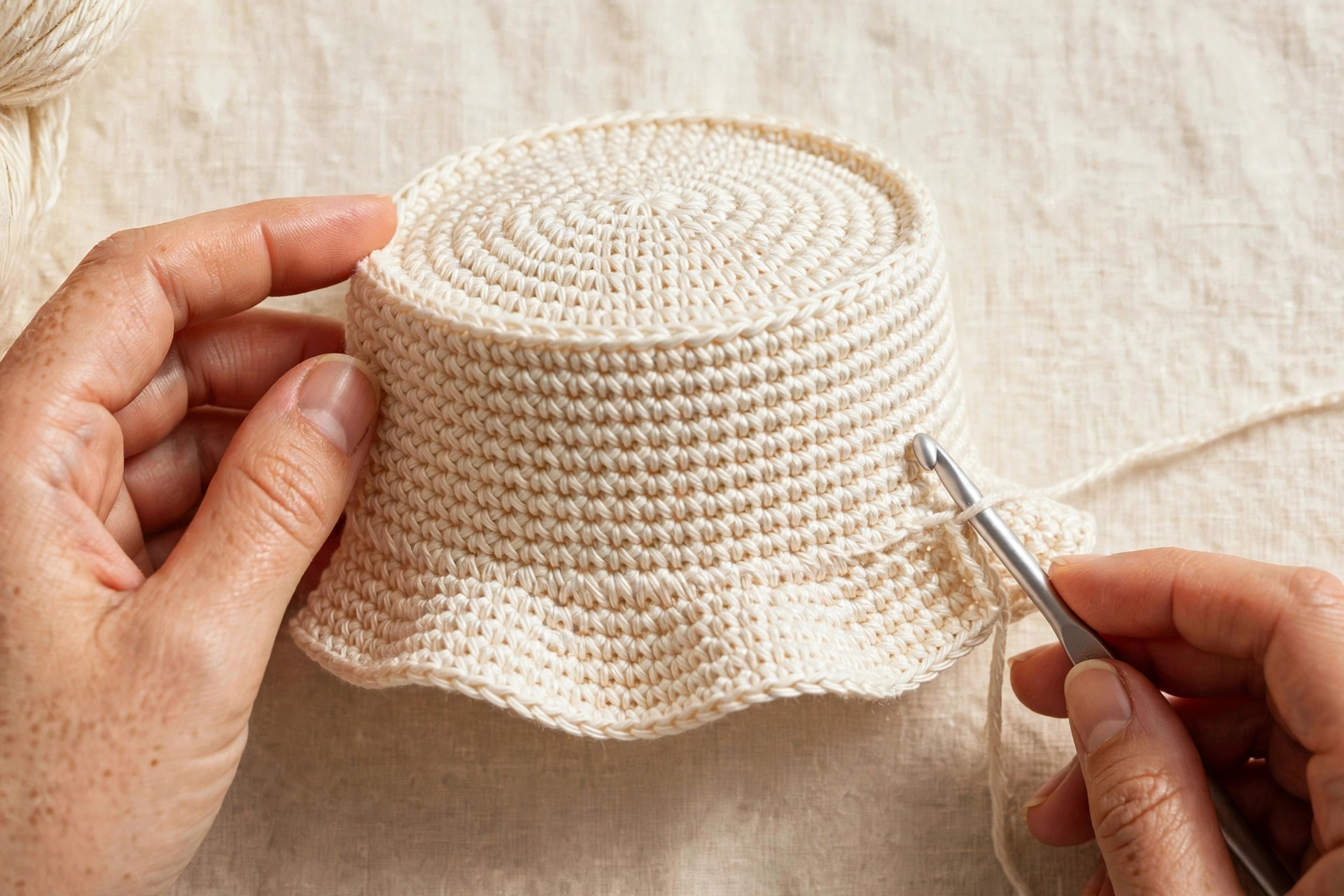 Crochet bucket hat with a developing brim created by evenly spaced increases