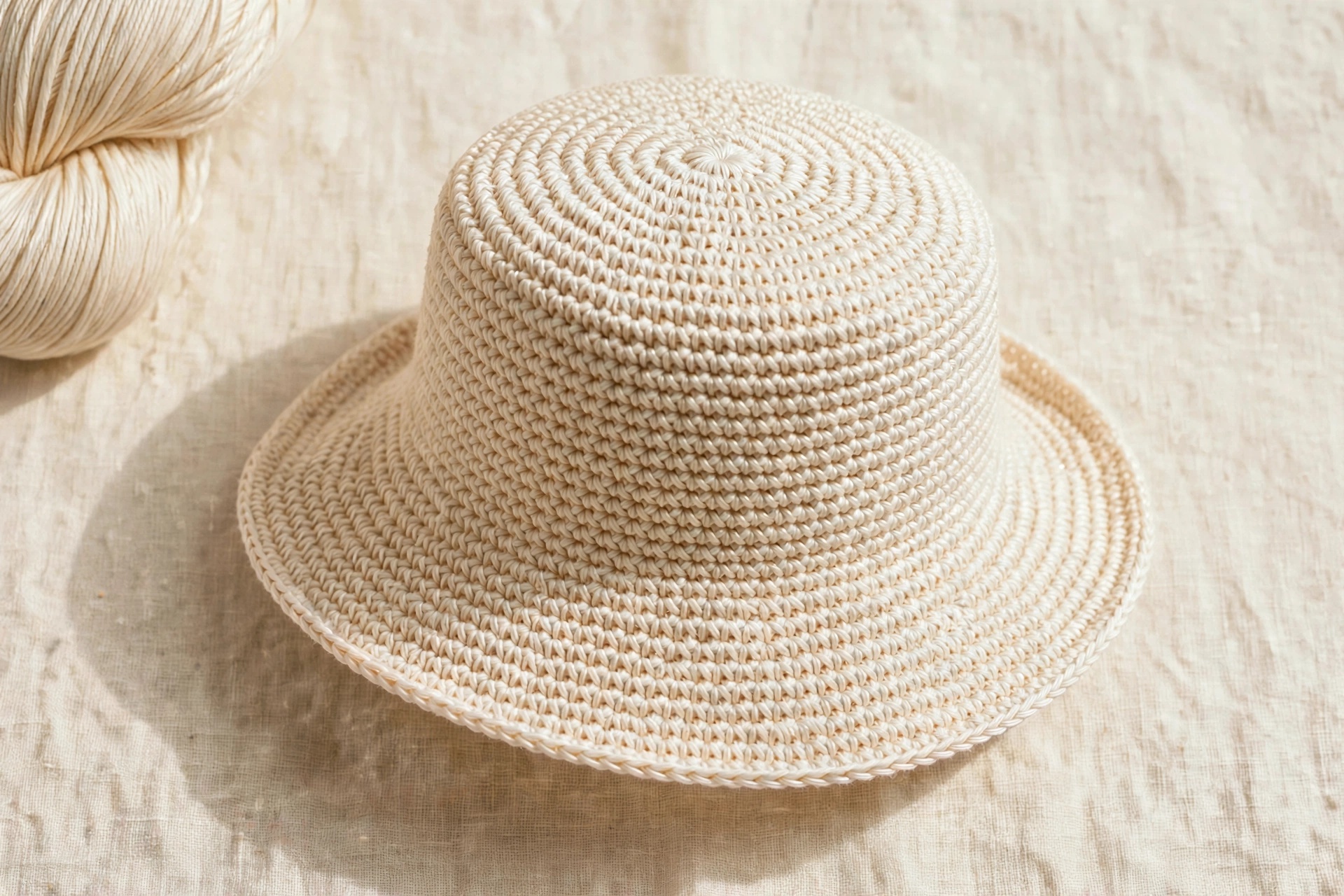 Finished handmade cream crochet bucket hat showing the crown, side walls and brim